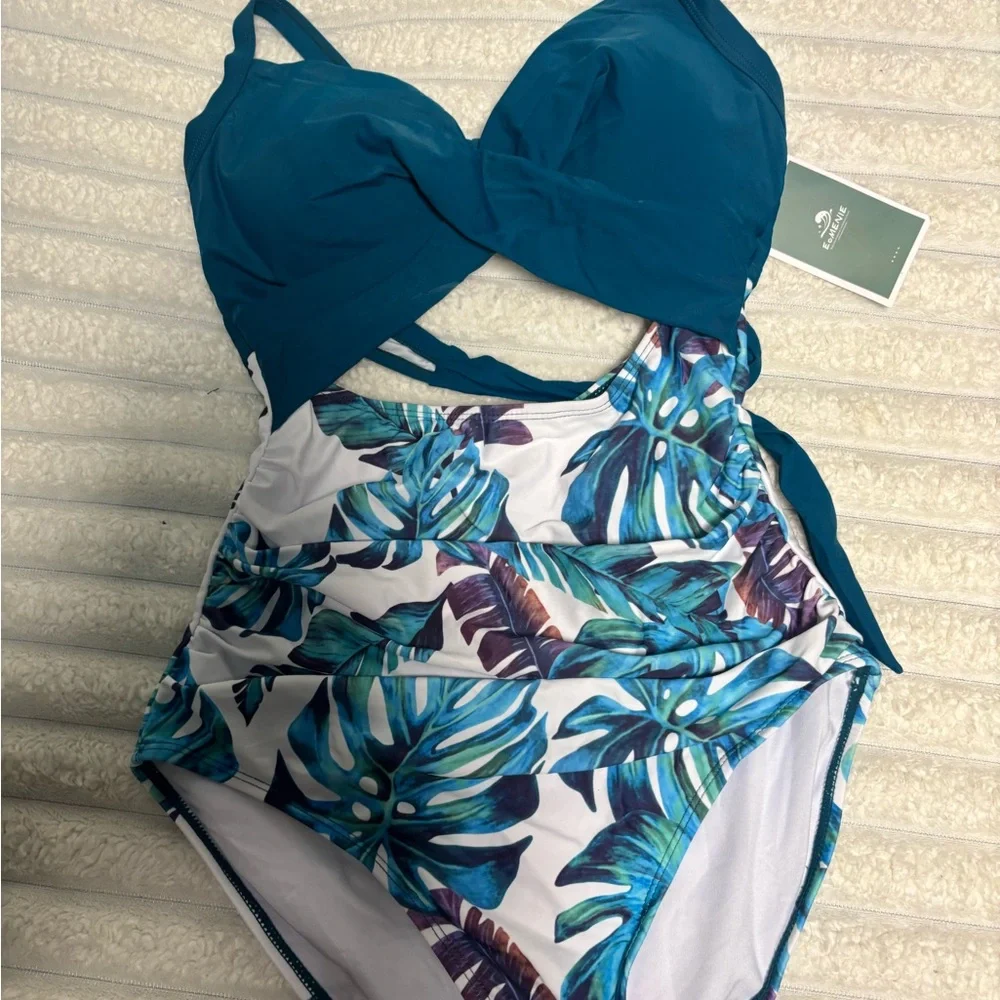 Elegant Teal and Leaf Print One Piece Swimsuit